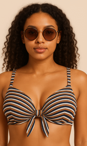 Navy & Mustard Striped Tie-Front Bikini Top