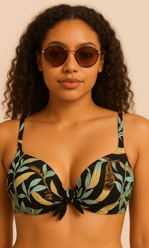 Tropical Leaf Print Tie-Front Bikini Top